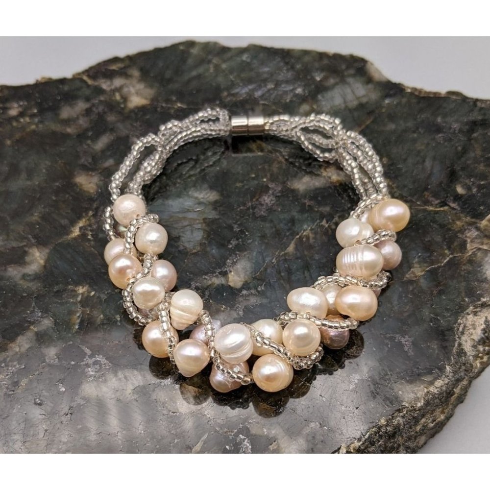 Woven Freshwater Cultured Pearl Bracelet Neutral Tones 7"